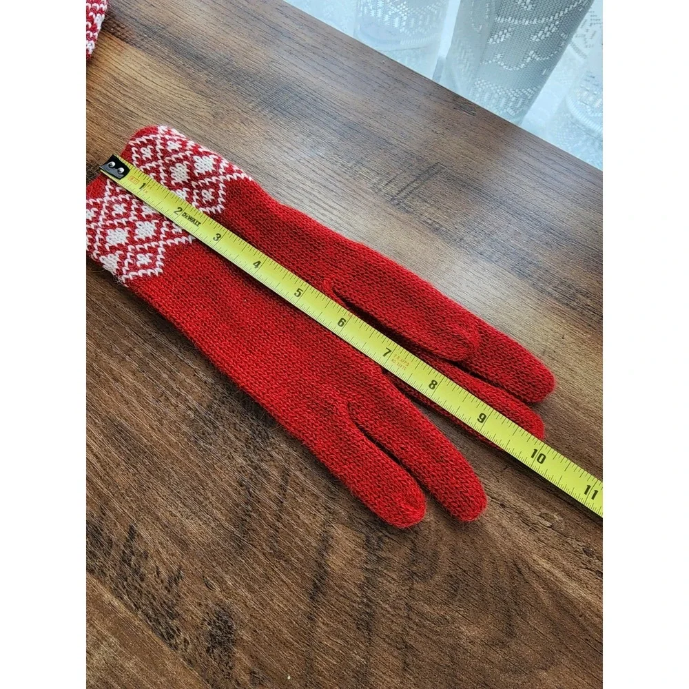 Alpaca Blend Knit Gloves Fair Isle Cuff Apres Ski Red Winter Cozy Cabin Chalet